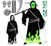 Disfraz halloween muerte, 5-12 Años Disfraces de Niños de la Parca con Guadaña y Cadena en la Cintura, Guantes, for Halloween Carnival Fancy Dress (XL)