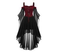 Disfraz Halloween Mujer Adulta Costume Women Bruja Vampiro，Vestido Gótico Medieval Midi con Corset Manga Larga Acampanada para Mujer Tallas Grandes Falda Irregular Gasa Elegante Cóctel Noche (L)