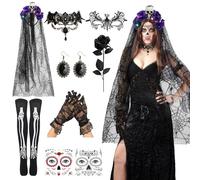 Disfraz Halloween Mujer, LED Diadema Día de los Muertos, Velo Negro Halloween, Tatuajes de Cara de Halloween, Diademas, Disfraz Del Día de Los Muertos,Velo de Viuda Novia Disfraces de Carnaval