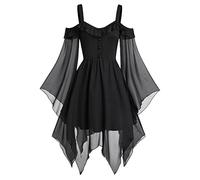 Disfraz Halloween Mujer Tallas Grandes, Vestido Negro de Malla Vintage Corset Medieval Con Manga Dolman, Punk Gótico Midi de Tirantes