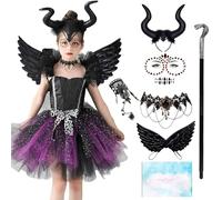 Disfraz Halloween Niña, Costume Malefica Niños con Vestido Bruja, Cuernos Malefica,Baston, Alas, Accesorios, Disfraz Angel Negro Niña para Halloween Carnaval Cosplay Fiesta Traje 2-7 Años