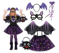 Disfraz Halloween Niña,Disfraz de Murciélago Bruja para Niños,Disfraz Murcielago Niña con Alas de MurciéLago y Tutú con Luces Hadas LED incorporadas y MáScara para Halloween Carnaval Fiesta Cosplay