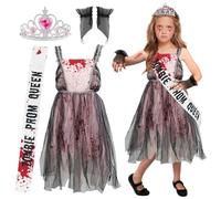 Disfraz Halloween Niña Novia Cadaver, Disfraz Niña Novia Cadaver y Vestido Sangriento de Terror con Corona y Tirantes. Ideal Para Carnaval, Juegos de Rol y Fiestas Temáticas (M, 7-9 años)