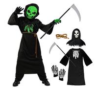 Disfraz Halloween Niño 4-12 Años, Muerte Que Brilla En La Oscuridad, Fantasma Con Máscara De Calavera Guadaña, Esqueleto Para Carnival Fiesta Cosplay (S)