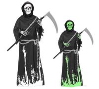 Disfraz Halloween Niño Muerte,Disfraces de Niños Parca con Guadaña y Cadena,Grim Reaper Costume,Disfraz Fantasma Halloween,disfraz de la Parca,Ropa de la Muerte Niño,Ropa Esqueleto (M: 7-9 años)