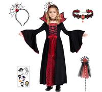 Disfraz Halloween Vampiro Niña, Disfraz de Chica Vampiro para Halloween Vestido Vampirina Cosplay Traje Vampiresa Dientes,Disfraces Niña Vampira con Collar de Vampire para Carnaval Fiesta
