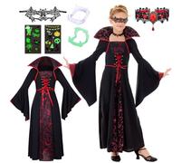 Disfraz Halloween Vampiro Niña- Disfraz de Reina Disfraces Halloween Vestido y Accesorios Niña Vampiro Vestido Cosplay Traje Vampiresa Dientes con Collar Juego de Roles Vampire de Carnaval Fiesta 140