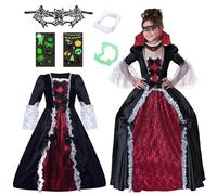 Disfraz Halloween Vampiro Niña- Disfraz de Reina Disfraces Halloween Vestido y Accesorios Niña Vampiro Vestido Cosplay Traje Vampiresa Dientes con Collar de Vampire de Carnaval Fiesta Juego de Roles L