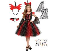 Disfraz Halloween Vampiro Niña, Disfraz Payaso Disfraces Halloween Niña, Vampiro Vestido Quinn Cosplay Traje Vampiresa Dientes con Collar Gótico para Carnival Fiesta Decoracion (9-11 años)