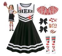 Disfraz Halloween Zombie Niña, Disfraz de Animadora Zombi Niñas, Disfraz Cheerleader con Pompons Calcetines y Pegatinas, Halloween de Colegiala Zombi para 7-9 Años Fiestas Infantiles,Negro