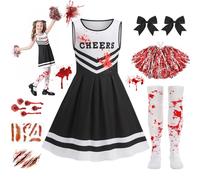 Disfraz Halloween Zombie Niña, Disfraz de Animadora Zombi Niñas, Disfraz Cheerleader con Pompons Calcetines y Pegatinas, Halloween de Colegiala Zombi para 10-12 Años Fiestas Infantiles,Negro