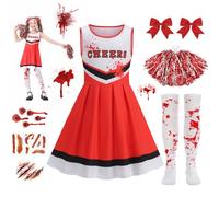 Disfraz Halloween Zombie Niña, Disfraz de Animadora Zombi Niñas, Disfraz Cheerleader con Pompons Calcetines y Pegatinas, Halloween de Colegiala Zombi para 7-9 Años Fiestas Infantiles, Rojo