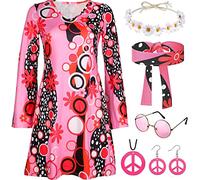 Disfraz hippie de los años 60 y 70 para mujer, de los años 60 y 1970, hippie Abba, disfraz para mujer, traje de discoteca, vestido de flores de los años 70 y accesorios de los años 70 (XL)