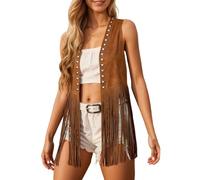 Disfraz Hippie Mujer Chaleco de Flecos para Mujer Ante Sintético con Borlas Chalecos Cowboy del Oeste sin Mangas Chaqueta de Punto Estilo Bohemio Occidental CáRdigan de Los Años 70 Chaqueta con Flecos