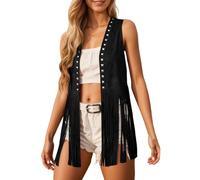 Disfraz Hippie Mujer Chaleco de Flecos para Mujer Ante Sintético con Borlas Chalecos Cowboy del Oeste sin Mangas Chaqueta de Punto Estilo Bohemio Occidental CáRdigan de Los Años 70 Chaqueta con Flecos