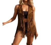 Disfraz Hippie Mujer Chaleco de Flecos para Mujer Hippie Weste Chaleco de Gamuza Sintética sin Mangas con Borlas Chaqueta Estilo Bohemio Occidental CáRdigan de Los Años 70 Chaqueta con Flecos