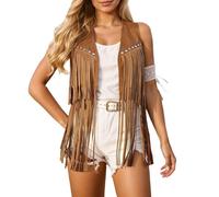 Disfraz Hippie Mujer Chaleco de Flecos para Weste Gamuza Sintética sin Mangas con Borlas Chaqueta Estilo Bohemio Occidental CáRdigan Los Años 70
