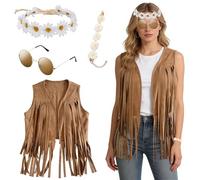 Disfraz Hippie Mujer,Conjunto de Disfraz Hippie de los Años 60 y 70 para Mujer,Disfraces de Carnaval Chalecos Hippies,Chaleco Hippie Accesorios Hippies,Para Carnaval,Mardi Gras,Fiesta Temática