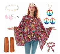 Disfraz Hippie Mujer, Disfraz Mujer Carnaval, Disfraz Años 70 con Poncho Collar Pendientes de Signo Paz Cinta de Cabeza de Hippie Diadema de Flor Gafas de Sol para Fiesta de Carnaval