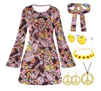 Disfraz hippie para mujer de los años 60 y 70, ropa para mujer, disfraz de discoteca de los años 60 y 70, disfraz para mujer, disfraz hippie de 7 piezas con vestido hippie, accesorios hippie