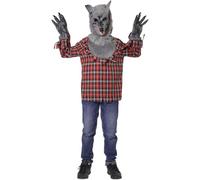 Disfraz hombre lobo niño licántropo, camisa cuadros roja, Halloween carnaval, fiesta escolar teatro, cosplay infantil, estilo clásico bosque, pelaje gris (Camisa+máscara+glovos, 13-15)
