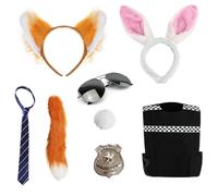 Disfraz infantil de ciudad de animales para parejas, talla XL, chaleco de policía, insignia de policía, orejas y cola de conejo, orejas y cola de zorro, corbata a rayas azules y beige, conjunto de