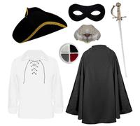 Disfraz infantil de roedor Highwayman, talla M, camisa blanca con cordones, capa negra, sombrero de tricornio, máscara, nariz de rata, espada y pintura facial, disfraz infantil para Halloween, Día