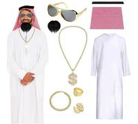 Disfraz Jeque Arabe, Traje Sheikh Árabe, Vestido Jeque Árabe, con Gafas de sol, collar, barba, anillo, ideal para Carnaval, Mascarada, Cosplay (L)