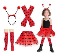 Disfraz Ladybug Niña, 4 Piezas Mariquita Disfraz Accesorios con Falda de Tutú Roja Calcetines Largos Guantes Sin Dedos y Banda de Señorita para Niños Vestido Fantástico para la Fiesta Temática