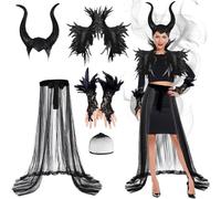 Disfraz Malefica Mujer, Disfraz Halloween Adulto Mujer, Cuernos Malefica con Negro Chal de Plumas, Gótico Disfraz Mujeres Halloween, Ropa Medieval para Mujeres Carnaval Fiesta Cosplay Accesorio