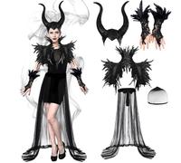 Disfraz Malefica Mujer,Malefica Disfraz Halloween Mujer,Reina Malvada Disfraces con Diadema de Cuerno,Plumas Chales Velo largo Puños Plumas para Halloween Carnaval Fiesta de Cosplay Costume Medieval