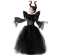 Disfraz Maléfica para Niñas, Bruja Negra Halloween Juegos de rol Vestidos con Cuernos Diadema Alas de ángel Cuento de Hadas Princesa Carnaval Cospaly Trajes de Fiesta (M 105-120 cm)