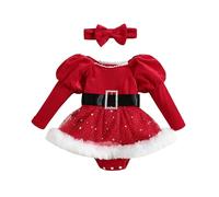 Disfraz Mama Noel Bebe Niña Vestido Navidad Terciopelo Rojo Traje Papa Noel Navideño de Malla con Lentejuelas de Estrellas Body Recien Nacido de Manga Larga con Diadema Y Lazo para Fiestas Año Nuevo