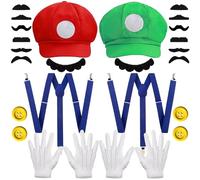 Disfraz Mario y Luigi, Gorra, Guantes, Bigote, Botones - Accesorios para Adultos - Carnaval, Cosplay y Halloween