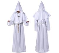 Disfraz medieval de fraile renacentista con capucha, disfraz de monje para Halloween, cosplay, para hechicero mago, blanco, XL