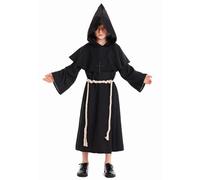 Disfraz medieval de monje renacentista para niños, disfraz de sacerdote fraile, capa negra, bata con capucha, disfraz de cosplay y cinturón (negro, 3-4 años)
