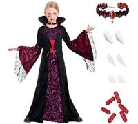 Disfraz medieval de vampiresa para niña, disfraz gótico de encaje para niña, vestido real de vampiresa con collar, colmillos de vampiro y set de sangre artificial, disfraze reina victoriana (S)