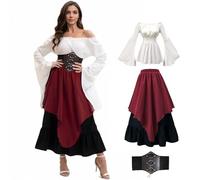 Disfraz medieval para mujer, conjunto completo de camisa victoriana con manga de trompeta, falda a cuadros desigual victoriana pirata para fiesta de carnaval de Halloween (rojo, L)