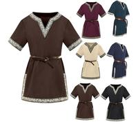 Disfraz medieval para niños, color liso, cuello en V, manga corta, para Halloween, cosplay, vikingos, guerreros, caballeros, carnaval, para niños de 3 a 12 años (cinturón no incluido), Marrón-A, 3-4