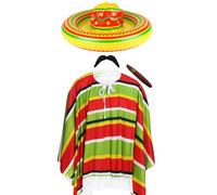 Disfraz mexicano para adultos, poncho a rayas rojas, verdes y amarillas, sombrero inflable, bigote mexicano y cigarro falso, disfraz de bandido mariachi mexicano del Cinco de Mayo para hombre y mujer