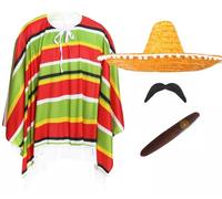 Disfraz mexicano para adultos, poncho multicolor, sombrero naranja, cigarro falso, bigote falso, disfraz de México del Cinco de Mayo para hombre y mujer