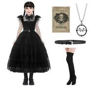 Disfraz Miercoles Niña,Vestido Miercoles Niña con Cinturón,Calcetines Largos,Collar,Etiqueta Engomada,Miercoles Costume,Disfraz Miercoles de Halloween para Niñas,Carnaval,Halloween Cosplay (140)