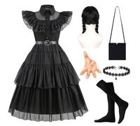 Disfraz Miércoles Niñas, Vestido Miercoles Niña, Halloween Miércoles Trajes | con Cinturón, Calcetines Largos, Collar, Peluca, Bolsa y Mano Juguetes, Disfraz Vestido Mujer para Cosplay Halloween Carnaval