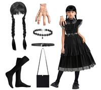 Disfraz Miércoles Niñas, Vestido Miercoles Niña, Miércoles Trajes con Cinturón, Calcetines Largos, Collar, Peluca, Bolsa y Mano Juguetes, Disfraz Vestido Mujer para Cosplay Halloween Carnaval (120)