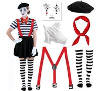 Disfraz Mimo Mujer Carnaval, 6 Piezas Disfraz Pantomime para Mujer y Hombre con Boina, Bufanda Roja, Guantes Blancos, Tatuaje Facial y Tirantes, Disfraz de Payaso para Fiesta de Halloween Carnaval