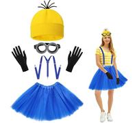 Disfraz Minion, Accesorios de Disfraces Halloween Adultos Niños, 3 Pcs Gafas Tirantes Espalda Gorro Tejido Amarillo Guantes Negros Tutú, Disfraz Hombre Mujer Niño para Fiesta de Carnaval Cosplay
