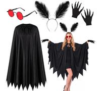Disfraz Mothman Mujer, Halloween Vestido Cosplay Gótico Capa Alas de Polilla Diadema Plumas Guantes Garras Gafas Rojas Set de Accesorios Moth para Adulto Halloween Carnaval Cosplay Fiestas Temáticas