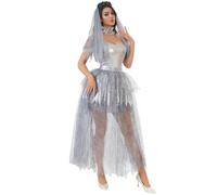 Disfraz Mujer Carnaval Vestido De Novia Vampira Gótica Color Blanco Roto Con Encaje Negro Y Mangas De Campana Para Halloween Disfraz De Muerta Elegante Con Velo De Tul Y Cinturón De Rosas Rojas