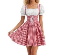 Disfraz Mujer Carnaval Vestido Tradicional Alemán Cuadros Con Delantal Para Cerveza Oktoberfest Y Sirvienta Disfraz Carnaval Mujer Bávaro Y Coqueto Con Lazada Y Falda Amplia Para Bailar Sin Parar