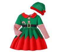 Disfraz Navidad Elfo Bebe Niña, Vestido Niña de Bautizo, Disfraces de Navidad para Bebé con Gorro Vestido de Bebé Niñas de Rayas Rojo Y Verde Body Bebe Manga Larga Conjunto de Elfa Navideño